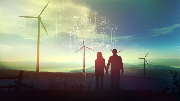 Silhouettes of a couple of tourists on the background of wind turbines and environmental infographics.