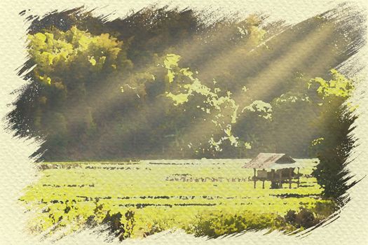 Cottage in the paddy among forest and mountain. Digital watercolor painting effect.