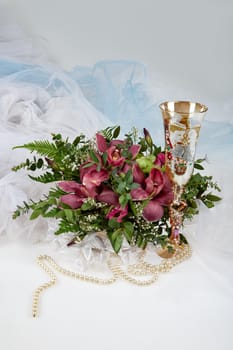 Bouquet of flowers on a fabric studio background