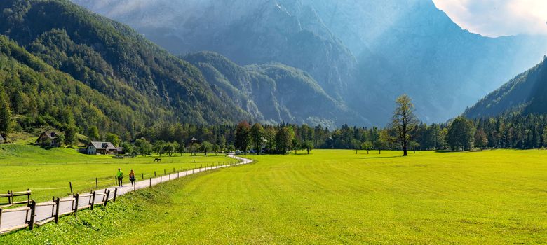 Alpine valley Logarska dolina, Slovenia, green pasture with forest and mountains in background, outdoor tourism and travelling, warm and bright scene, peaceful, couple walking on the road, horses on pasture