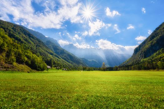 Alpine valley Logarska dolina, Slovenia, green pasture with forest and mountains in background, clouds on blue sky, sunstars for effect, outdoor tourism and travelling, warm and bright scene, peaceful