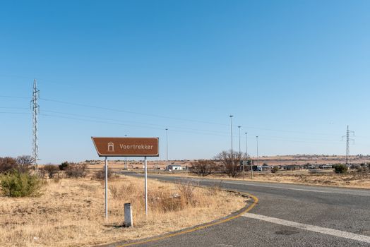 Directional sign to the Voortrekker Monument at Winburg, a small town in the Free State Province of South Africa