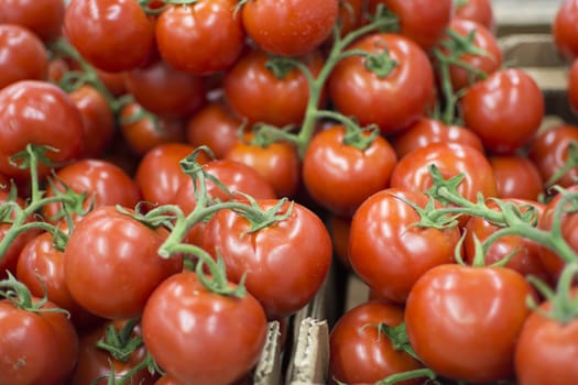 Red tomatoes sold at the market. It looks very fresh. The stalks are still green