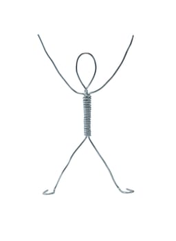 Man made from aluminum wire standing with his hands up
