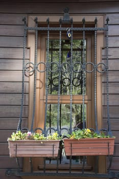 Twin window decorated with flowers.There are window guardrails for safety