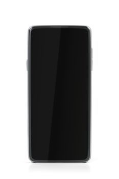 Front view of smartphone with black empty screen on white background