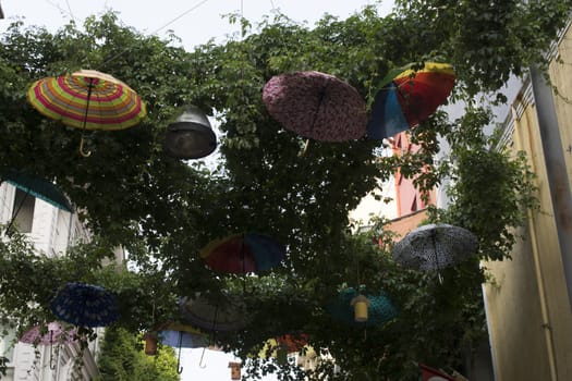 Umbrellas hanging on vines between streets. Şemsiye sokak