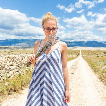 Woman in summer dress holding and smelling bouquet of lavender flowers while walking outdoor through dry rocky Mediterranean Croatian coast lanscape on Pag island in summertime.