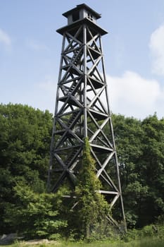 Watch tower made of wood. unavailable. Abandoned dangerous