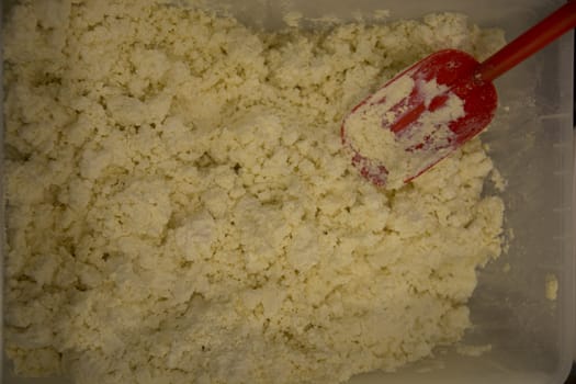 sale of freshly made curd cheese on the counter