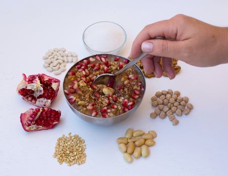 Vegetarian food. This "Asure" believes that the Turkish people "asure" came from the ship of Noah.Noah made this dessert with the last materials left in his hand when he hit the land after the Great Tufan.