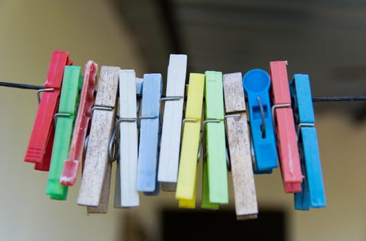 plastic, colored laundry hooks. colored latches used when drying clothes