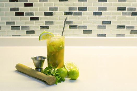 Mojito is a traditional Cuban highball.The mojito is a cocktail of five ingredients: white rum, sugar, lemon juice, soda water and mint.Free space for your text