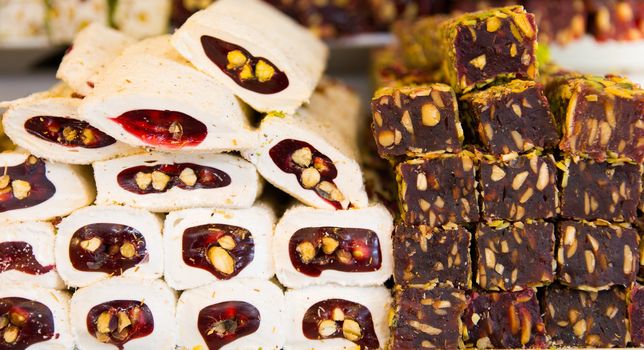 a heap of Turkish flavors with a variety of flavors and snacks. "Turkish delight" chocolate, almond paste, hazelnut and pistachio varieties