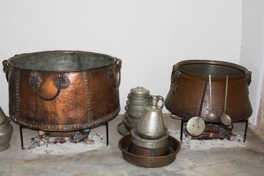 historical turkish kitchen wares. boiler, pots, bucket, ewer.