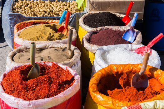 sale of regional market, open spice. spices sold in sacks.cumin, hot pepper, black pepper, ginger, sumac,Lemon powder