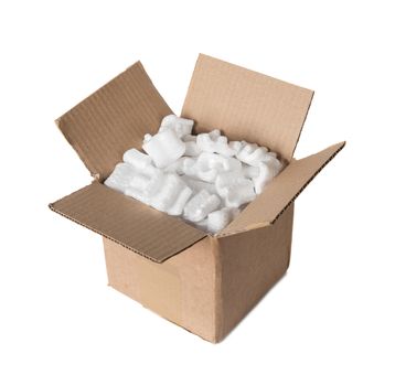 Opened cardboard box filled with polystyrene foam chips isolated on a white background