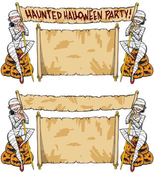 Girls in mummy costumes holding banner Halloween Haunted House Party