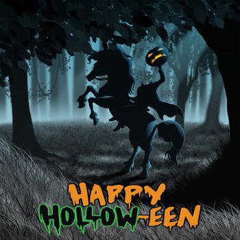 Halloween Headless Horseman with pumpkin in moody forest in Sleepy Hollow New york