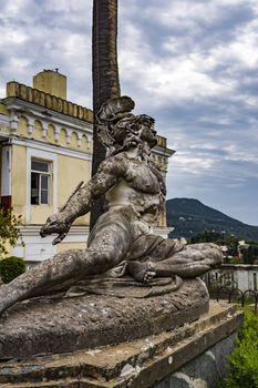 Achilleion palace, Corfu, Greece - August 24, 2018: Sculpture of the dying achilles in achilleion palace corfu