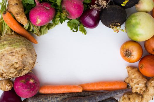 vegetable and fruit framework.harvest.winter and spring. healthy nutrition background of different vegetables on table. Organic food background. isolated white background. Top view. Free space for your text