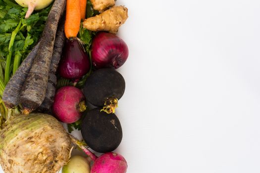 vegetable and fruit framework.harvest.winter and spring. healthy nutrition background of different vegetables on table. Organic food background. isolated white background. Top view. Free space for your text