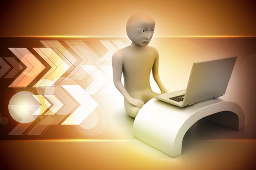 3d man in meditation with laptop