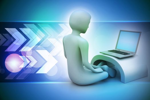 3d man in meditation with laptop