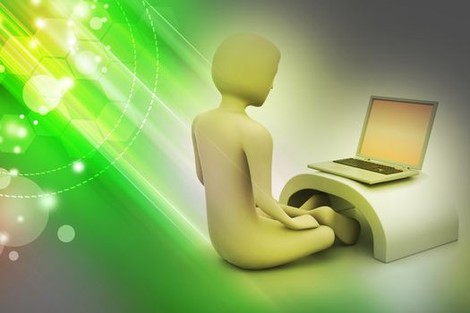 3d man in meditation with laptop