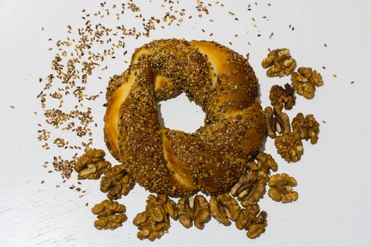 Turkish breakfast "Simit";Turkish sesame bread ring. traditional Turkish street food. Turkish snack