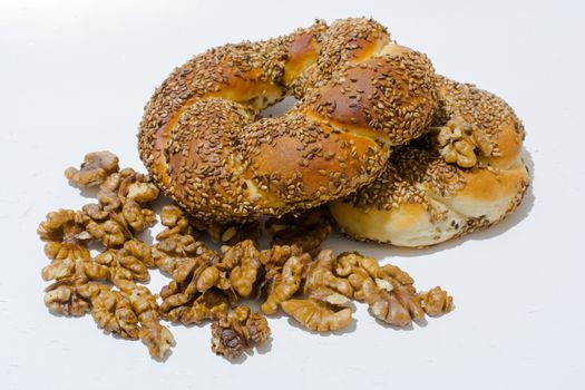 Turkish breakfast "Simit";Turkish sesame bread ring. traditional Turkish street food. Turkish snack