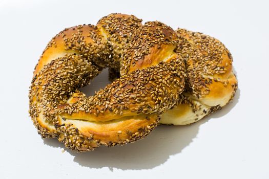 Turkish breakfast "Simit";Turkish sesame bread ring. traditional Turkish street food. Turkish snack