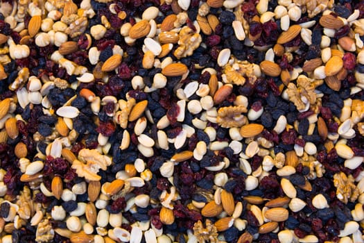 Mixture of dried seeds, fruits and nuts. snack food,