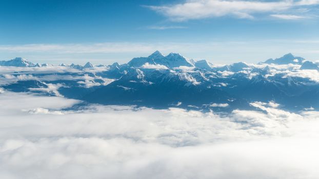 Mount Everest aerial view from a mountain flight, in Nepal