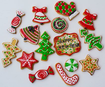 colorful christmas cookies. for the new year celebration. gingerbread and cinnamon biscuits