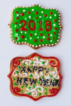 colorful christmas cookies. for the new year celebration. gingerbread and cinnamon biscuits. Year 2018