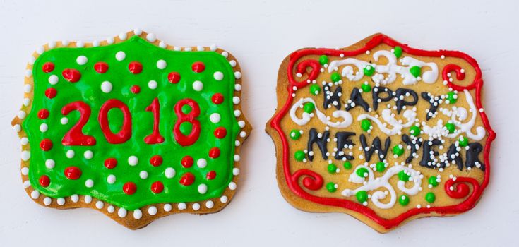 colorful christmas cookies. for the new year celebration. gingerbread and cinnamon biscuits. Year 2018