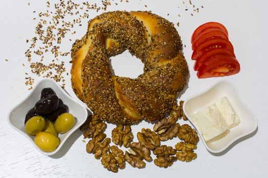 Turkish breakfast "Simit";Turkish sesame bread ring. traditional Turkish street food. Turkish snack