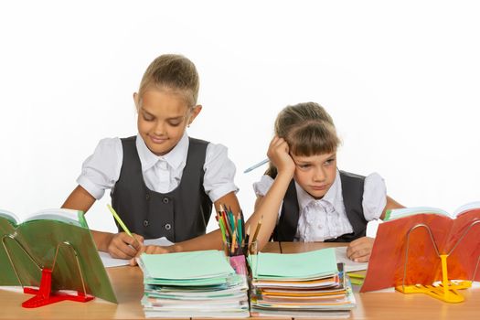 Two schoolgirls at a desk, one with a good mood, the other with a bad