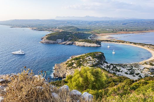 View of Voidokilia beach in the Peloponnese region of Greece, from the Palaiokastro (old Navarino Castle).