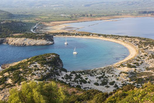 View of Voidokilia beach in the Peloponnese region of Greece, from the Palaiokastro (old Navarino Castle).