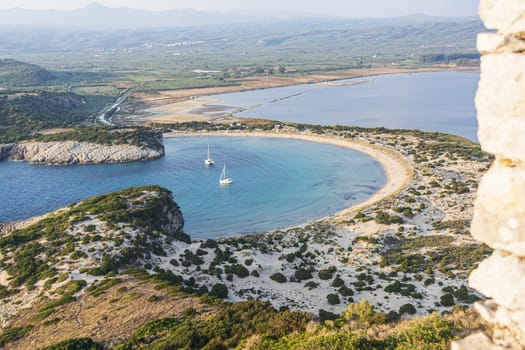 View of Voidokilia beach in the Peloponnese region of Greece, from the Palaiokastro (old Navarino Castle).