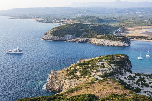 View of Voidokilia beach in the Peloponnese region of Greece, from the Palaiokastro (old Navarino Castle).