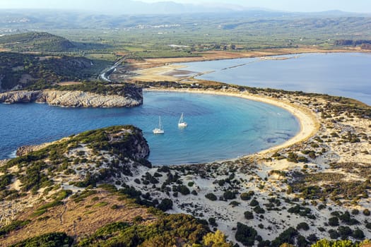 View of Voidokilia beach in the Peloponnese region of Greece, from the Palaiokastro (old Navarino Castle).