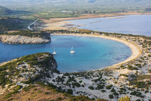 View of Voidokilia beach in the Peloponnese region of Greece, from the Palaiokastro (old Navarino Castle).