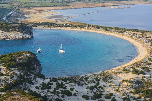 View of Voidokilia beach in the Peloponnese region of Greece, from the Palaiokastro (old Navarino Castle).