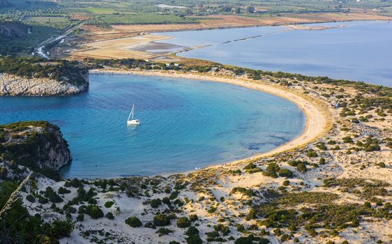 View of Voidokilia beach in the Peloponnese region of Greece, from the Palaiokastro (old Navarino Castle).