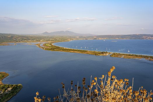 View of Divari Beach and the Divari lagoon in the Peloponnese region of Greece, from the Palaiokastro (old Navarino Castle).