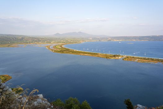 View of Divari Beach and the Divari lagoon in the Peloponnese region of Greece, from the Palaiokastro (old Navarino Castle).