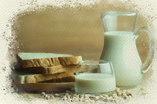 Wheat bread and soy milk on wooden table. Breakfast time in morning. Digital watercolor painting effect.